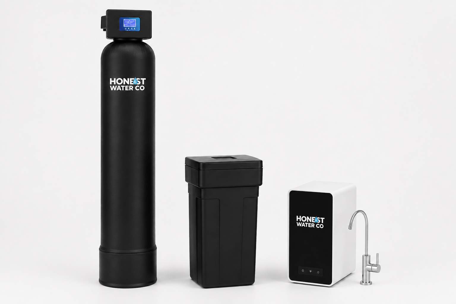 Whole Home Filtration System Whole Home Softener + HW800 AlkaPro — resin tank, salt and brine tank, and tankless reverse osmosis for Ottawa homes